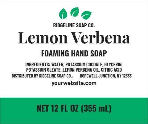 Roll label template, hand soap, lemon verbena, reading "Lemon Verbena", "FOAMING HAND SOAP" and "NET 12 FL OZ (355 mL)", in green and white