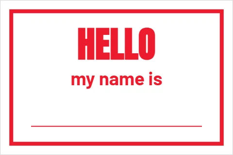 Roll label template, hello, my name is, reading "HELLO" and "my name is", in white