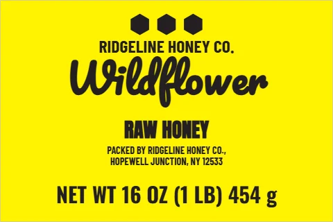 Roll label template, honey jar, gold, reading "RIDGELINE HONEY CO.", "Wildflower" and "RAW HONEY", in gold