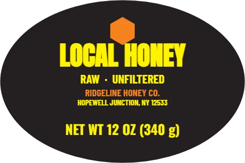 Roll label template, honey, black oval, reading "LOCAL HONEY", "RAW · UNFILTERED" and "NET WT 12 OZ (340 g)", in black