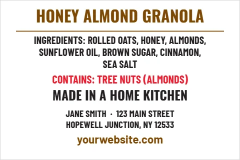 Roll label template, ingredient and allergen panel, reading "HONEY ALMOND GRANOLA", "CONTAINS: TREE NUTS (ALMONDS)" and "MADE IN A HOME KITCHEN", in white