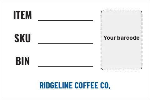 Roll label template, inventory, with barcode, reading "ITEM", "SKU" and "BIN", in white, with a space for your logo