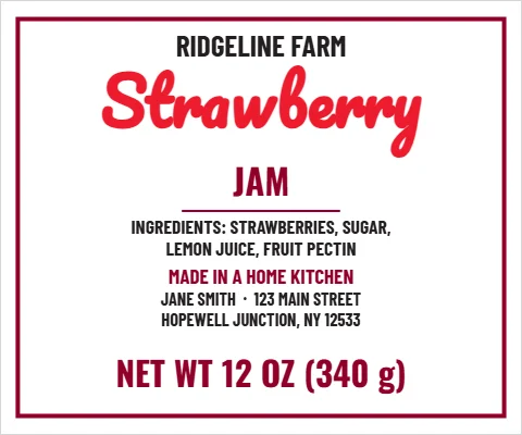 Roll label template, jam, home kitchen label, reading "RIDGELINE FARM", "Strawberry" and "JAM", in white