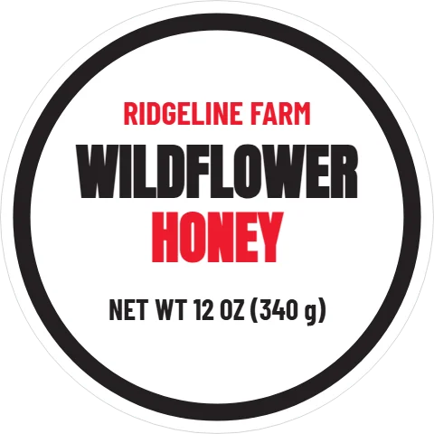Roll label template, honey jar, reading "RIDGELINE FARM", "WILDFLOWER" and "HONEY", in black and white