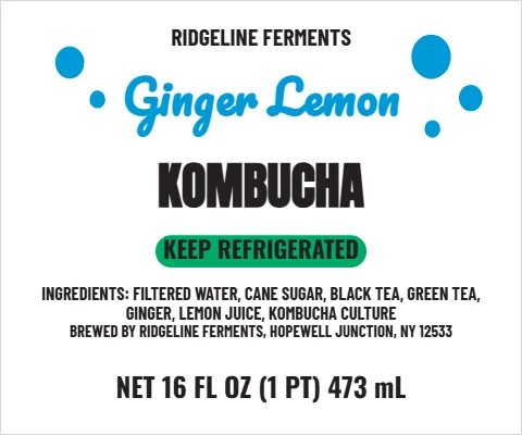 Roll label template, kombucha, bubbles, reading "RIDGELINE FERMENTS", "Ginger Lemon" and "KOMBUCHA", in white