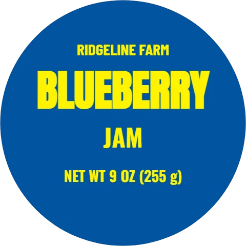 Roll label template, jar lid, flavor, reading "RIDGELINE FARM", "BLUEBERRY" and "JAM", in steel blue