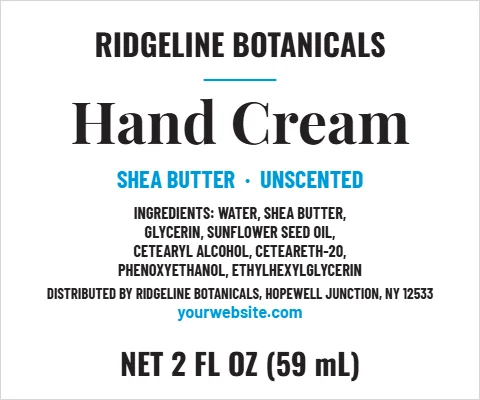 Roll label template, hand cream, clean and modern, reading "RIDGELINE BOTANICALS", "Hand Cream" and "NET 2 FL OZ (59 mL)", in white