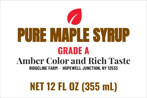 Roll label template, maple syrup, reading "PURE MAPLE SYRUP", "GRADE A" and "Amber Color and Rich Taste", in white
