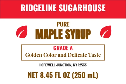 Roll label template, maple syrup, sugarhouse band, reading "RIDGELINE SUGARHOUSE", "MAPLE SYRUP" and "NET 8.45 FL OZ (250 mL)", in red and white