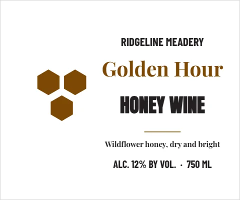 Roll label template, mead, honeycomb, reading "RIDGELINE MEADERY", "Golden Hour" and "HONEY WINE", in white