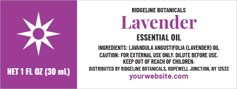 Roll label template, essential oil, dropper bottle, reading "Lavender", "ESSENTIAL OIL" and "yourwebsite.com", in purple and white
