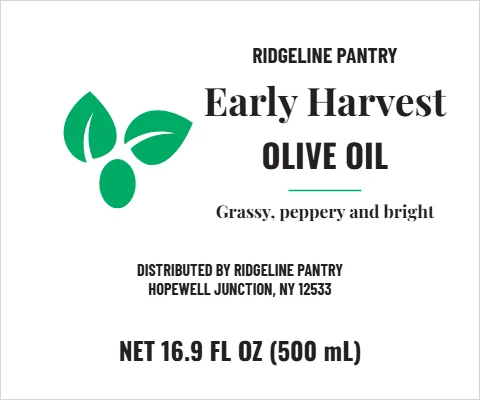 Roll label template, olive oil, elegant sprig, reading "RIDGELINE PANTRY", "Early Harvest" and "OLIVE OIL", in white