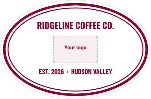 Roll label template, oval logo badge, reading "RIDGELINE COFFEE CO." and "EST. 2026 · HUDSON VALLEY", in maroon and white, with a space for your logo