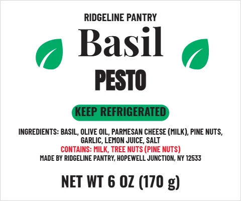 Roll label template, pesto, fresh green, reading "Basil", "PESTO" and "NET WT 6 OZ (170 g)", in white