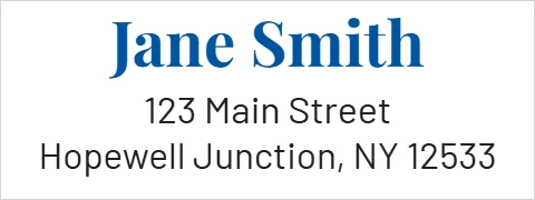 Roll label template, return address, serif name, reading "Jane Smith", "123 Main Street" and "Hopewell Junction, NY 12533", in white