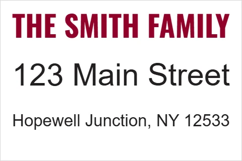 Roll label template, return address, monogram, reading "THE SMITH FAMILY", "123 Main Street" and "Hopewell Junction, NY 12533", in white
