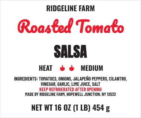 Roll label template, salsa, heat meter, reading "RIDGELINE FARM", "Roasted Tomato" and "SALSA", in white