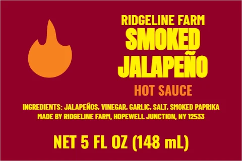 Roll label template, hot sauce, reading "RIDGELINE FARM", "SMOKED" and "JALAPEÑO", in maroon