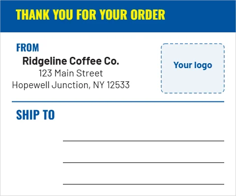 Roll label template, shipping label, 6" x 4", reading "THANK YOU FOR YOUR ORDER", "Ridgeline Coffee Co." and "SHIP TO", in steel blue and white, with a space for your logo