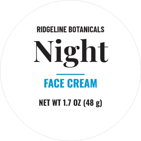 Roll label template, face cream lid, reading "RIDGELINE BOTANICALS", "Night" and "FACE CREAM", in white