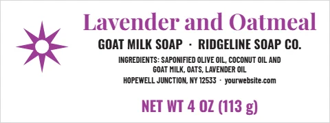 Roll label template, soap band, reading "Lavender and Oatmeal", "GOAT MILK SOAP · RIDGELINE SOAP…" and "NET WT 4 OZ (113 g)", in white