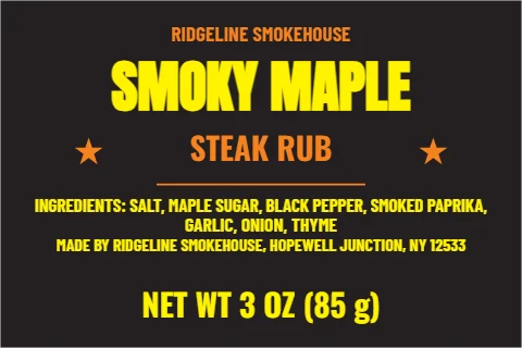 Roll label template, spice rub, bold black, reading "SMOKY MAPLE", "STEAK RUB" and "NET WT 3 OZ (85 g)", in black
