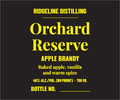 Roll label template, spirits, numbered bottle, reading "Orchard", "Reserve" and "APPLE BRANDY", in black