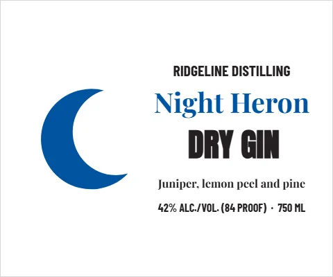 Roll label template, spirits, modern gin, reading "RIDGELINE DISTILLING", "Night Heron" and "DRY GIN", in white