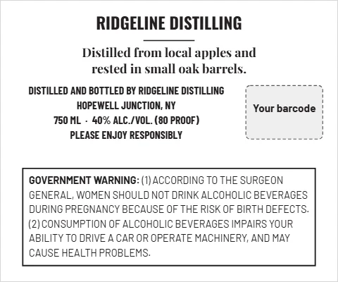 Roll label template, spirits, back label, reading "RIDGELINE DISTILLING", "Distilled from local apples and" and "rested in small oak barrels.", in white, with a space for your logo