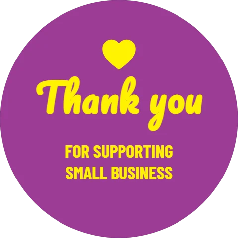 Roll label template, thank you seal, round, reading "Thank you", "FOR SUPPORTING" and "SMALL BUSINESS", in purple
