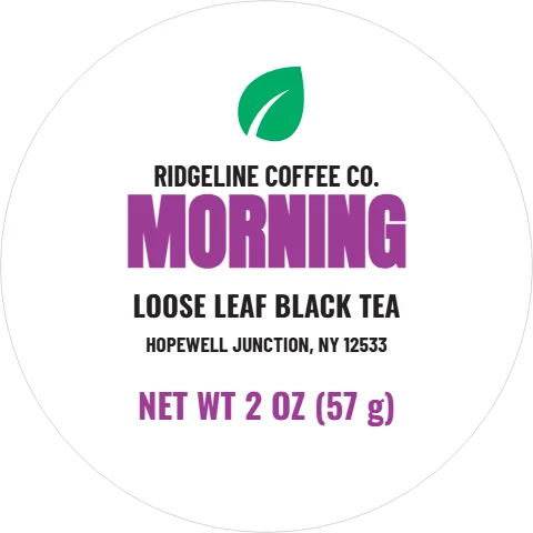 Roll label template, tea tin, round, reading "RIDGELINE COFFEE CO.", "MORNING" and "LOOSE LEAF BLACK TEA", in white