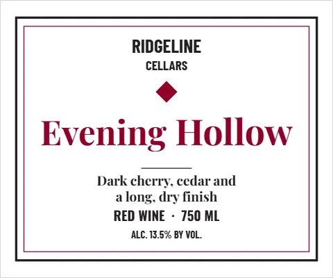 Roll label template, wine, framed front, reading "RIDGELINE", "Hollow" and "Evening", in white