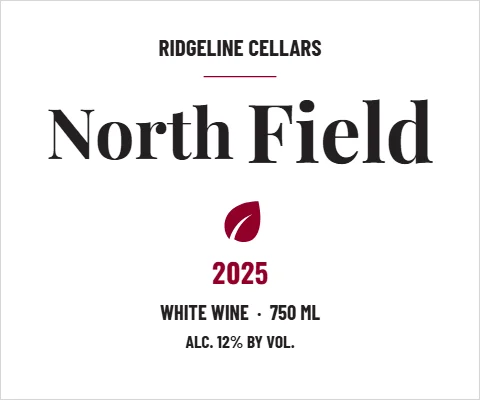 Roll label template, wine, clean white, reading "North", "Field" and "2025", in white