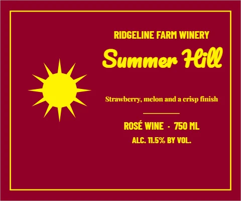 Roll label template, wine, farm winery, reading "RIDGELINE FARM WINERY", "Summer Hill" and "ROSÉ WINE · 750 ML", in maroon
