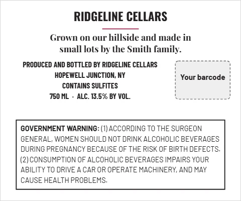 Roll label template, wine, back label, reading "RIDGELINE CELLARS", "Grown on our hillside and made in" and "small lots by the Smith family.", in white, with a space for your logo