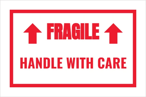 Roll label template, fragile, handle with care, reading "FRAGILE" and "HANDLE WITH CARE", in white