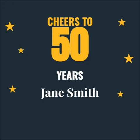 Step and repeat backdrop template, photo wall, 50th birthday, reading "CHEERS TO", "50" and "Jane Smith", in navy