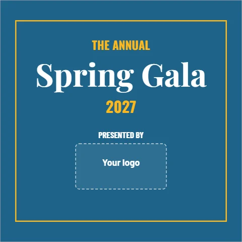 Step and repeat backdrop template, photo wall, gala, reading "THE ANNUAL", "Spring Gala" and "2027", in steel blue, with a space for your logo