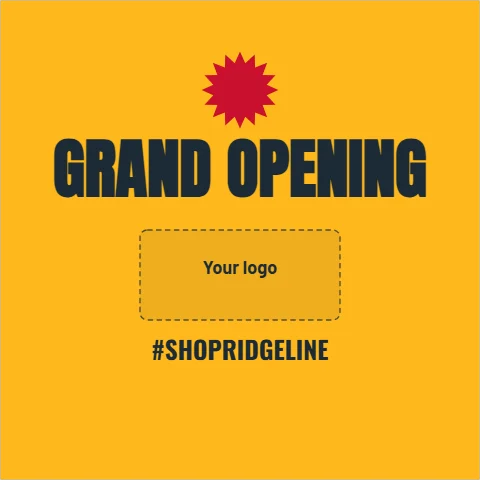 Step and repeat backdrop template, photo wall, grand opening, reading "GRAND OPENING" and "#SHOPRIDGELINE", in gold, with a space for your logo