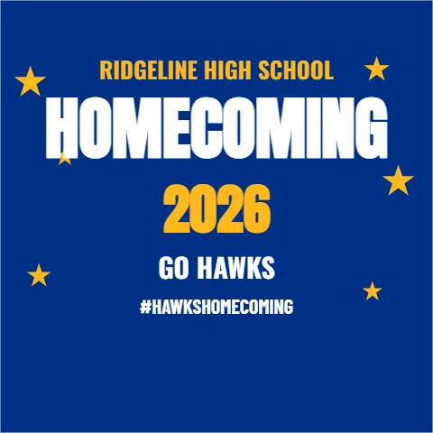 Step and repeat backdrop template, photo wall, homecoming, reading "HOMECOMING", "2026" and "GO HAWKS", in blue