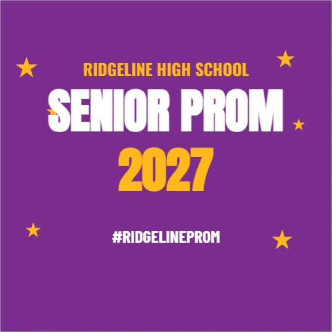 Step and repeat backdrop template, photo wall, prom, reading "SENIOR PROM", "2027" and "#RIDGELINEPROM", in purple