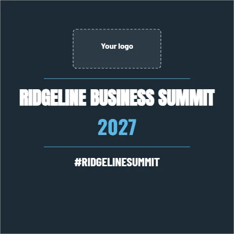 Step and repeat backdrop template, photo wall, conference, reading "RIDGELINE BUSINESS SUMMIT", "2027" and "#RIDGELINESUMMIT", in navy, with a space for your logo