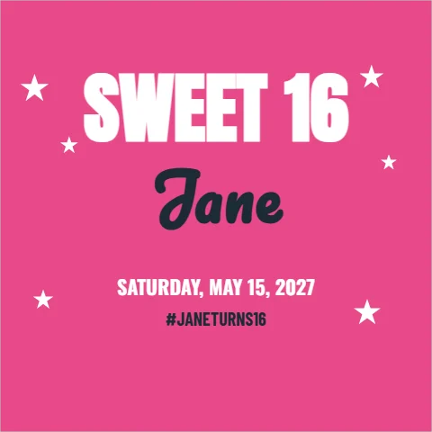 Step and repeat backdrop template, photo wall, sweet 16, reading "SWEET 16", "Jane" and "#JANETURNS16", in pink