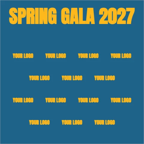 Step and repeat backdrop template, gala, gold on teal, reading "SPRING GALA 2027", "YOUR LOGO" and "YOUR LOGO", in steel blue