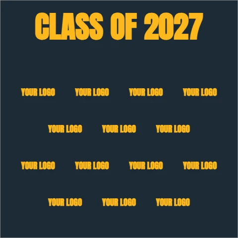 Step and repeat backdrop template, graduation, reading "CLASS OF 2027", "YOUR LOGO" and "YOUR LOGO", in navy