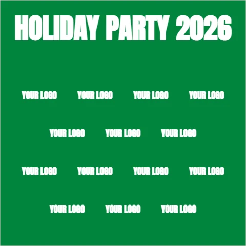 Step and repeat backdrop template, holiday party, reading "HOLIDAY PARTY 2026", "YOUR LOGO" and "YOUR LOGO", in green