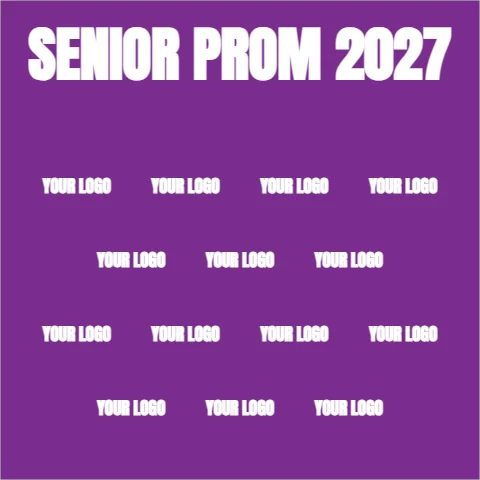 Step and repeat backdrop template, prom, reading "SENIOR PROM 2027", "YOUR LOGO" and "YOUR LOGO", in purple