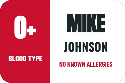 Sticker template, name and blood type bar, reading "MIKE", "O+" and "JOHNSON", in red and white
