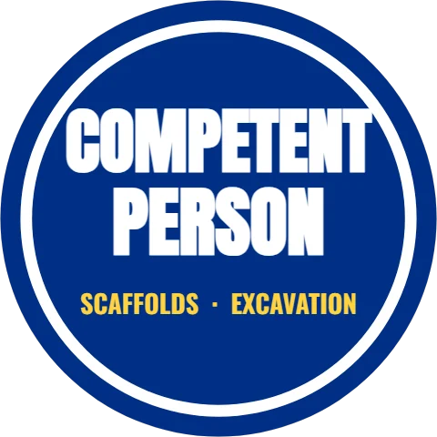 Sticker template, competent person, reading "COMPETENT", "PERSON" and "SCAFFOLDS · EXCAVATION", in white and blue