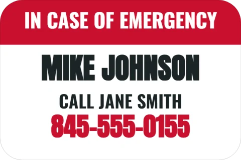 Sticker template, emergency contact, reading "MIKE JOHNSON", "CALL JANE SMITH" and "845-555-0155", in red and white